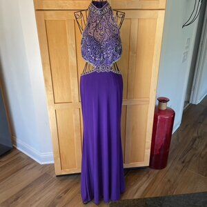Morilee by Madeline Garner purple fitted, halter neck evening dress size 10